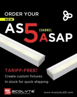 AS5 Channel is a new low-profile aluminum channel that Acolyte can offer at tariff-free pricing! And we're ready to assemble and ship our AS5 ASAP! Built to provide a 120° beam angle that’s ideal for a wide, even spread of light in applications like coves, toe kicks and more, AS5 is available for field or factory assembly. Use AS5 in conjunction with our tiltable stands or with unique mounting clips that snap underneath, so you don’t see the mounting clips or any fit lines on the outside of the channel. Design custom AS5 fixtures with several applicable RibbonLyte products. Act now -- Acolyte has complete, tariff-free stock ready for assembly and quick shipping across the U.S.!

👀Visit AcolyteLED.com for complete specs on AS5 Channel and our full range of custom architectural lighting products.

🧢Want to join our team? Head to GENLEDBrands.com/careers to see our global job openings.

#Acolyte #GENLEDBrands #LEDs #customLEDs #LEDlighting #customLEDlighting #customlighting #lightingdesign #lightingdesigners #architects #architectural